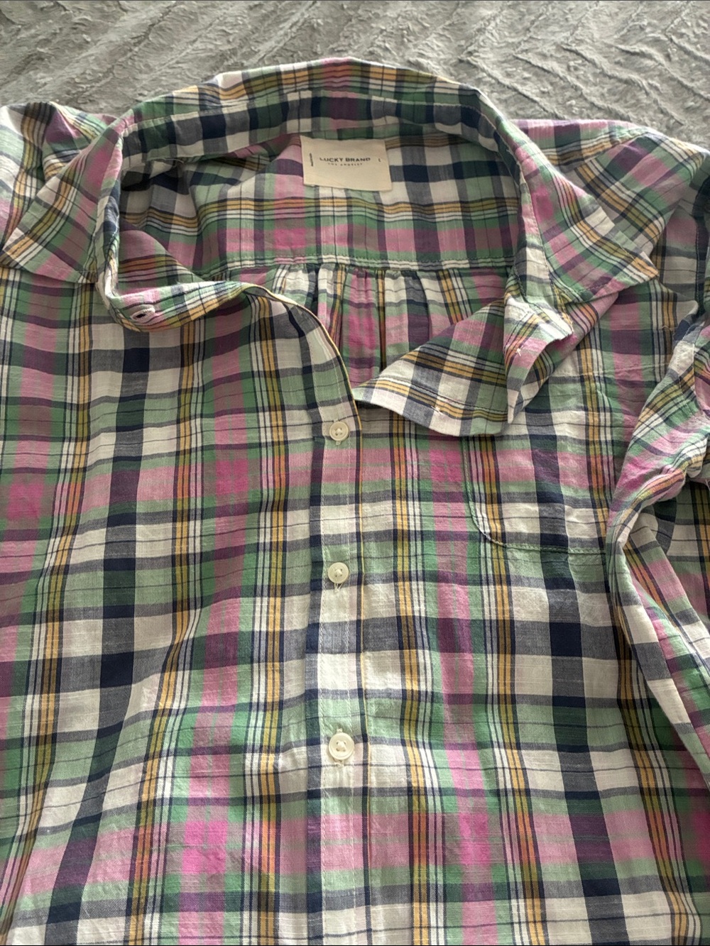 NWT Lucky Brand Pink Green Navy Plaid Button-Down Shirt